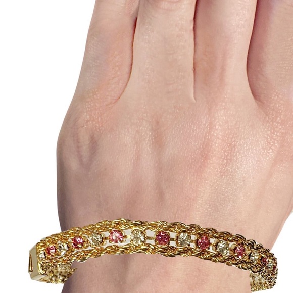 FANCY Pink Crystal and White Zirconias 10K Yellow Gold Plated Tennis Bracelet - Picture 8 of 9